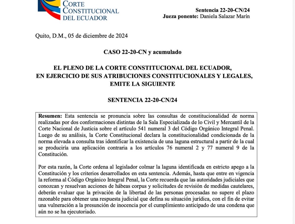 esuarez21's tweet image. La @CorteConstEcu dictó una importante sentencia en relación a las reglas de caducidad de la prisión preventiva. A continuación un breve análisis sobre el contendido de esta decisión 🧵: