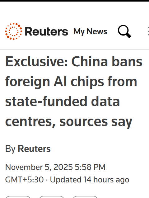 rohanpaul_ai's tweet photo. NEWS🇨🇳: China has told new state-funded data centers to use only domestic AI chips. 

And any data center project that has completed less than 30% of construction must remove already-installed foreign AI chips or cancel plans to buy them.

So, new or early-stage projects can no longer use chips from Nvidia, AMD, or Intel, which helps Huawei and other Chinese chipmakers gain that market share instead.

Nvidia’s China rebound hopes take another blow because the rule covers the H20 that it can sell and even references B200 and H200 that show up via grey channels but are now barred in these projects.

The timing syncs with Washington saying China cannot get Nvidia’s top Blackwells while also hinting at lower tier options, which keeps export pressure high on the U.S. side.

China has poured $100B+ of state money into AI data centers since 2021, so restricting those budgets to local chips carves out a large captive market overnight.

Winners include Huawei, Cambricon, MetaX, Moore Threads, and Enflame, but many developers still depend on Nvidia’s software stack, so porting models and ops will slow rollouts and raise switching costs in the near term.

Nvidia’s share in China has fallen from 95% in 2022 to 0 by Nov-25, so losing state builds removes one of the last high-volume paths back into the market.

This also risks widening the compute gap with the U.S., where hyperscalers are deploying hundreds of thousands of latest-gen accelerators, while China must scale homegrown chips under tooling sanctions on advanced manufacturing.

---

reuters .com/world/china/china-bans-foreign-ai-chips-state-funded-data-centres-sources-say-2025-11-05/