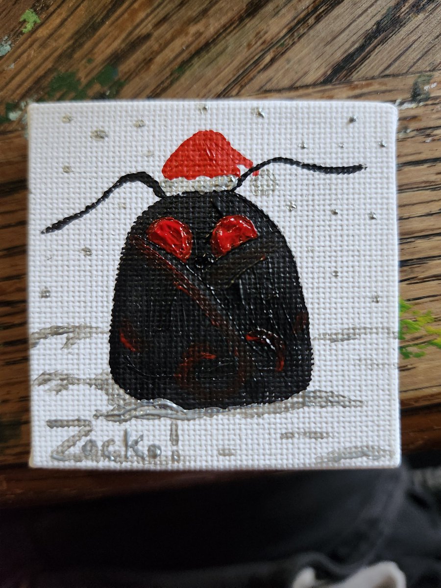 CapnEeryZee's tweet photo. Painted some mini holiday Mothman paintings today 😁 they're acrylics on 2x2 stretched canvas 🖤🔴,🔴🖤 https://t.co/HjQzvUSAgk