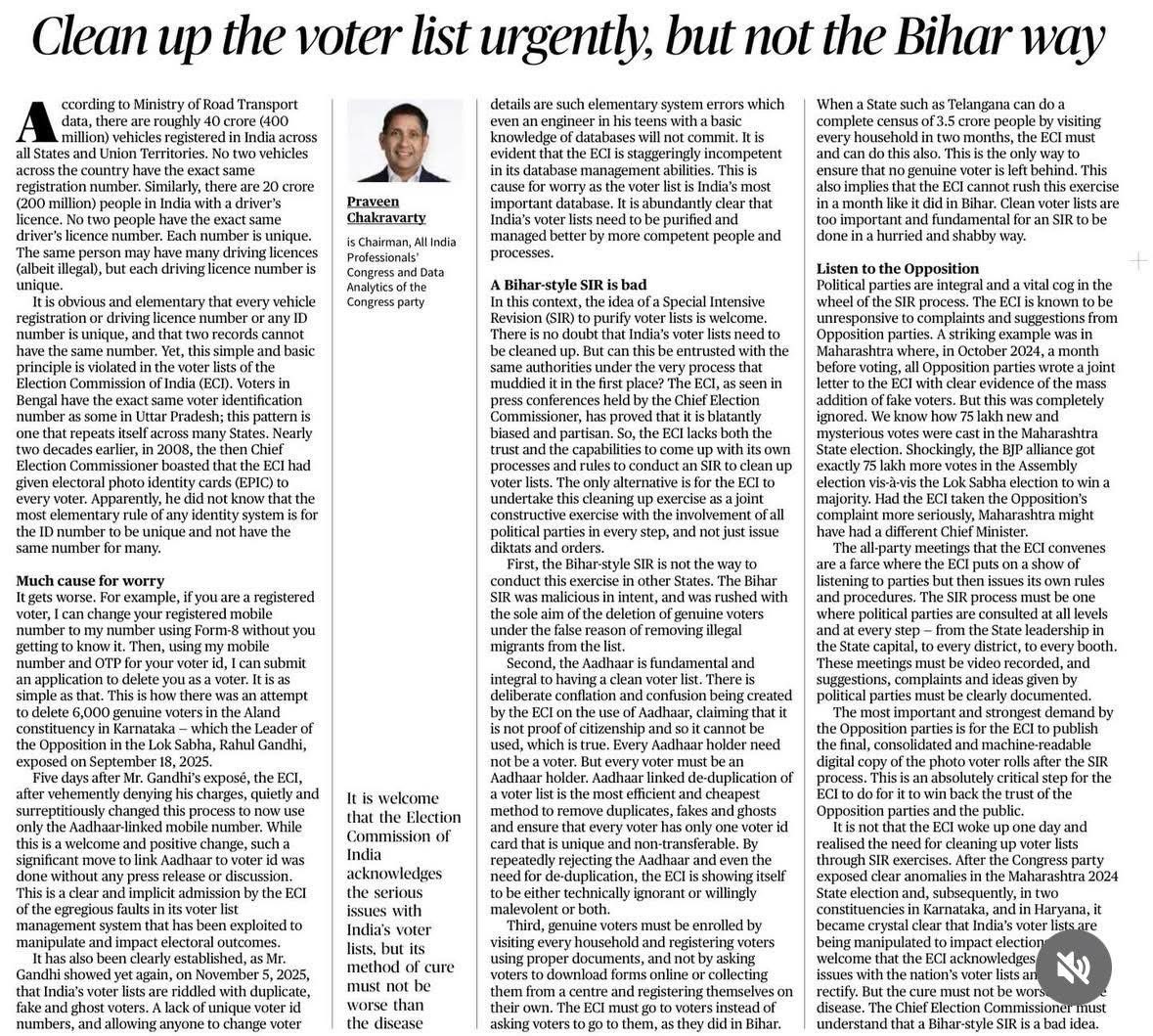 Strengthen democracy with precision, not purges - In his latest article, <a href="/ProfCong/">All India Professionals' Congress (AIPC)</a> Chairman <a href="/pravchak/">Praveen Chakravarty</a> calls for a smarter, fairer voter list clean-up.