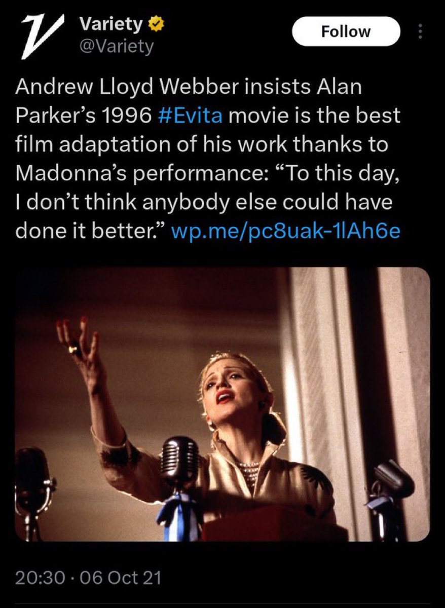 Andrew Lloyd Webber on Madonna’s portrayal of Evita. Has anyone checked on Patti LuPone? Is she still chucking chicken wings?