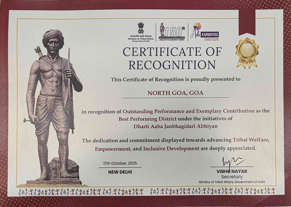 North Goa District has been awarded with a Certificate of recognition for its Outstanding performamce and exemplary contribution as the Best Performing District under the initiative of Dharti Aabha Janbhagidari Abhiyan. 

The certificate was issued by Secretary, Ministry of