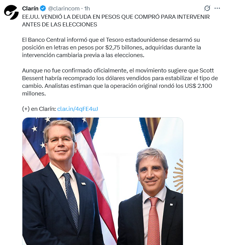 compa1968's tweet image. TMG🌐, ANALISIS ANTICIPACION ECONOMIA &amp;amp; FINANZAS, ANTES Q SEA NOTICIA...

SEMANA PASADA INDICAMOS Q VOLADURA ADRS Y DEUDA,ERA SALIDA ENCUBIERTA X PIRAMIDACION AL ALZA EN CORRIDA DE POSICIONES SHORT TRAS RESULTADO ELECCIONES,DONDE TESORO EEUU Y JPMORGAN SE IBAN DE ARG

CONFIRMADO