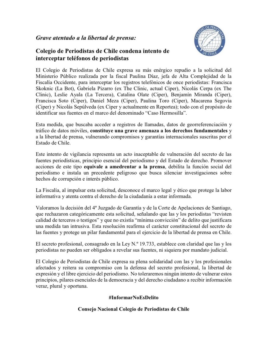 Se quiso vulnerar la libertad de prensa e investigar a los periodistas para saber cómo se conocieron los detalles de los mensajes de Hermosilla y sus cómplices,  felizmente la fiscalía no consiguió su objetivo. Seguiremos defendiendo el secreto profesional. No nos harán callar.