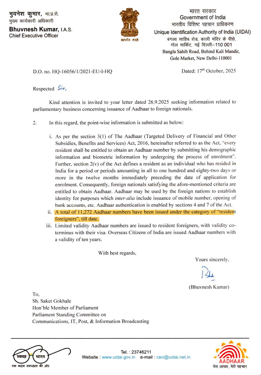 SaketGokhale's tweet photo. IMPORTANT: ONLY 11,272 foreign nationals in India have Aadhaar cards

Over the last year, HM Amit Shah & BJP have been claiming that a huge number of illegal foreign migrants have been issued Aadhaar cards in India. It is important to note that Aadhaar cards are issued by the UIDAI under the Modi Govt and NOT state govts.

I wrote to UIDAI asking how many Aadhaar cards in India have been issued to foreign nationals.

The answer? ONLY 11,272 foreigners.

Therefore, this raises the following important questions:

👉 If the UIDAI knows that ONLY 11,272 foreigners have Aadhaar cards, it is clear that the rest are Indian citizens. In that case, why is the ECI claiming that Aadhaar can NOT be accepted as proof of citizenship?

👉 If the UIDAI knows the number of foreigners holding Aadhaar cards, why has Amit Shah FALSELY claimed that there are millions of foreign migrants holding Aadhaar?

👉 It takes 10 seconds to detect a fake Aadhaar since it is linked to biometrics. A quick scan of the QR code on an Aadhaar can show if its fake. Why then does Amit Shah claim there are fake Aadhaars being used?

👉 ECI started accepting Aadhaar for the SIR (Silent Invisible Rigging) exercise only after being ordered by the Supreme Court. When UIDAI clearly states that only 11,272 foreigners have Aadhaar cards, why did the ECI refuse to accept Aadhaar as a valid document earlier?

Out of 142 CRORE Aadhaar cards that exist in India, ONLY 11,272 have been issued to foreign nationals. 

That means ONLY 0.007% of Aadhar cards have been issued to foreigners.

It is clear that ECI is conducting a backdoor NRC using the excuse of SIR. 

Despite knowing that ONLY 11,272 foreigners have Aadhaar cards, the ECI is using SIR (Silent Invisible Rigging) to delete voters and snatch away the citizenship of average Indians who don't vote for BJP