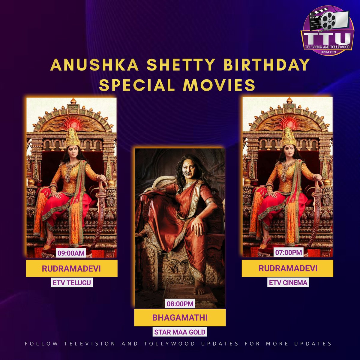 TTUpdates360's tweet photo. #AnushkaShetty Birthday Special Movies on Friday
#RudramaDevi #Bhagamathi #Gathi #HappyBirthdayAnushkaShetty #HBDAnushkaShetty https://t.co/yPKrfcCNr1