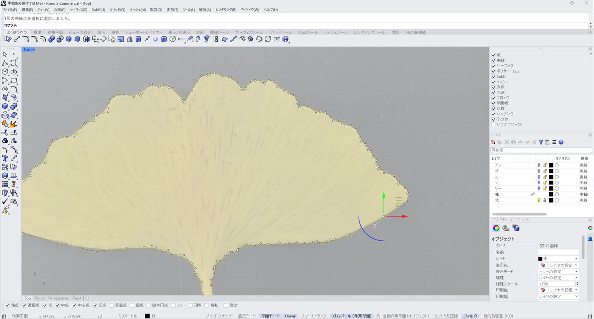 APPLE_TREE_CO's tweet image. おはようございます！☀️
今日は朝からイチョウのリバースエンジニアリング（トレース）に勤しんでおりました。

…俺が3Dスキャナーだ😠

#Rhinoceros #3Dプリンター #3Dスキャナー