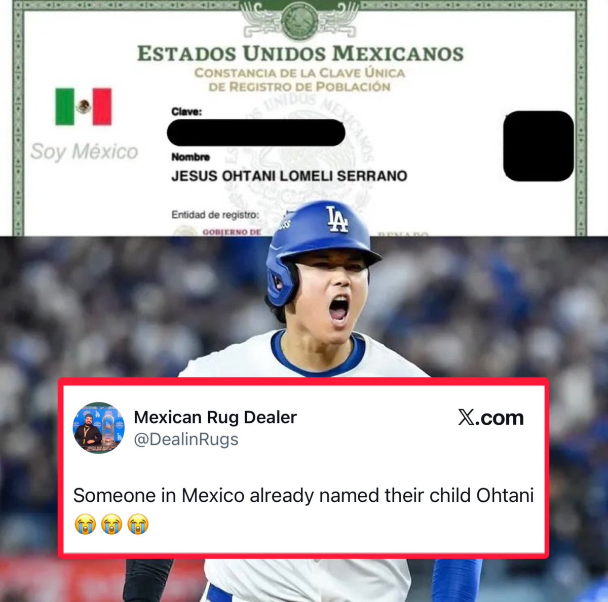 DodgersNation's tweet photo. It looks like people are wasting no time naming their children Ohtani after Shohei Ohtani just won his second World Series with the Dodgers 🔥

Via @DealinRugs https://t.co/K5zKvm0AAP