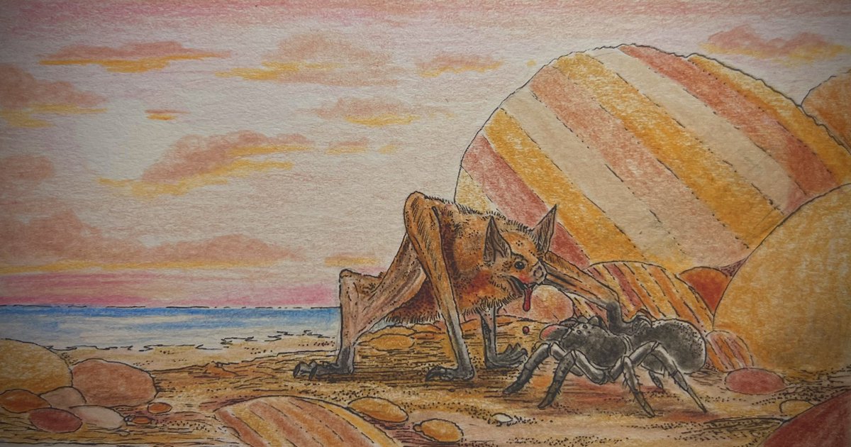 As the Pacific plate and Nazca plate split apart, a series of sunbaked Islands have erupted. Both requiring shelter and food, native vampire bats and trapdoor spiders negotiate a tenancy with blood payments.

#Speculativebiology #speculativeevolution #SpecEvo #speculativezoology