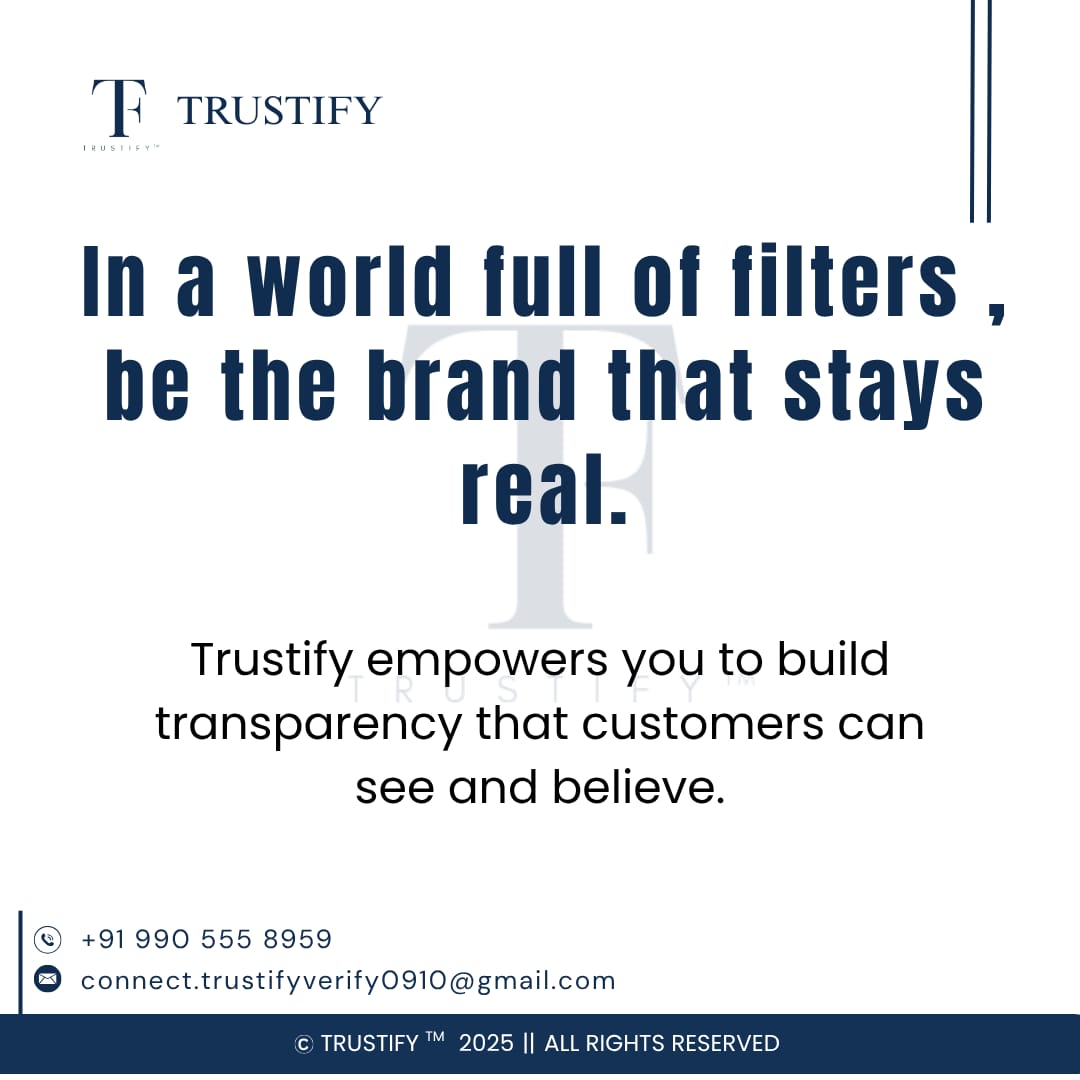 Trustify_0910's tweet photo. In a world full of filters, be the brand that stays real.
Trustify empowers you to build transparency that customers can see and believe. 
#Trustify #TransparencyMatters #CustomerTrust

Trustify #BuildingInPublic #StartupIndia #BrandTrust #FakeReview #OnlineReputation https://t.co/mDlowNrcWF