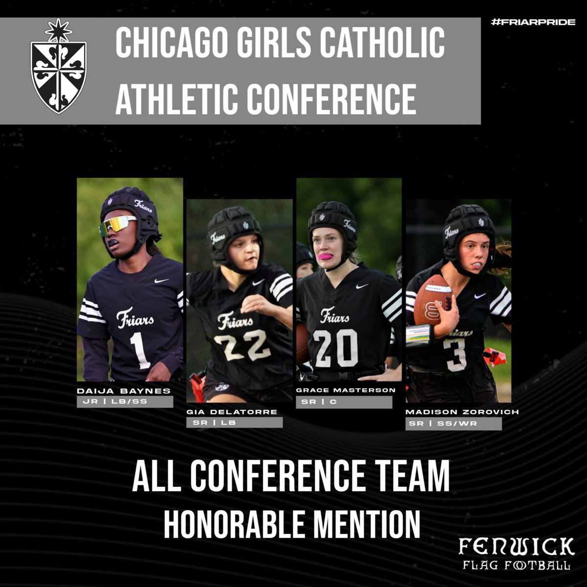 fengffootball's tweet photo. 🏈 Congrats to our GCAC All-Conference honorees! 🎉 Heaven Lee &amp; Stephanie Gonzalez earned All-Conference honors for an incredible flag football season! 👏
Honorable Mention to D. Baynes, G. Delatorre, G. Masterson &amp; M. Zorovich - way to represent, Friars! 🖤🤍 #FriarPride https://t.co/Ig66QGaGbZ