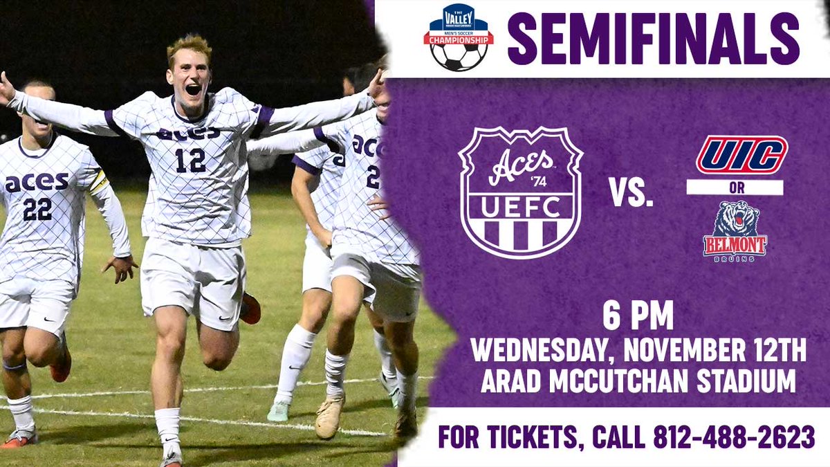 It's tournament time at Arad McCutchan Stadium‼️

We will host the winner of UIC and Belmont next Wednesday at 6 PM. See you there, Aces fans!

⚽️ #ForTheAces