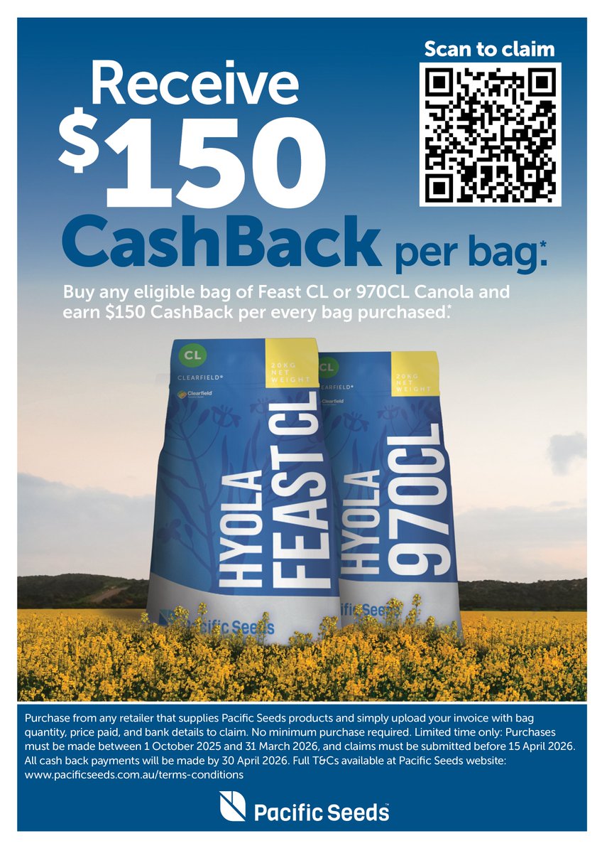Don't miss out. Receive $150 cashback per bag on select canola varieties*. Click the link to learn more and for full terms and conditions.  pacificseeds.com.au/canola-cashbac…