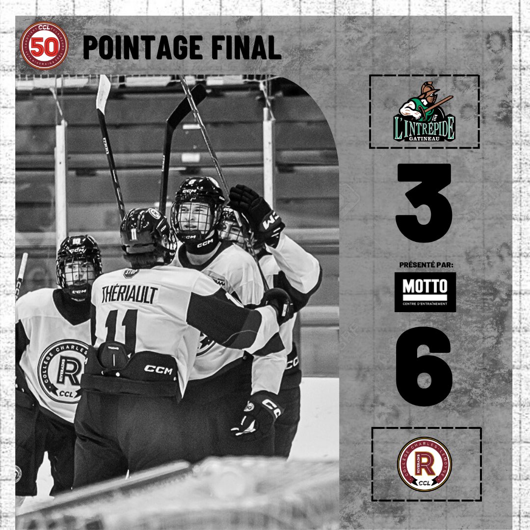 POINTAGE FINAL | 🏒

Les Riverains remportent leur duel face à l'Intrépide de Gatineau par la marque de 6-3.

Léo Brodeur, Samuel Roy et Samuel Biakabutuka ont recolté un but et une aide chacun.

⭐️: Samuel Roy (CCL)
⭐️⭐️: Léo Brodeur (CCL)
⭐️⭐️⭐️: Antoine Robichaud (GAT)