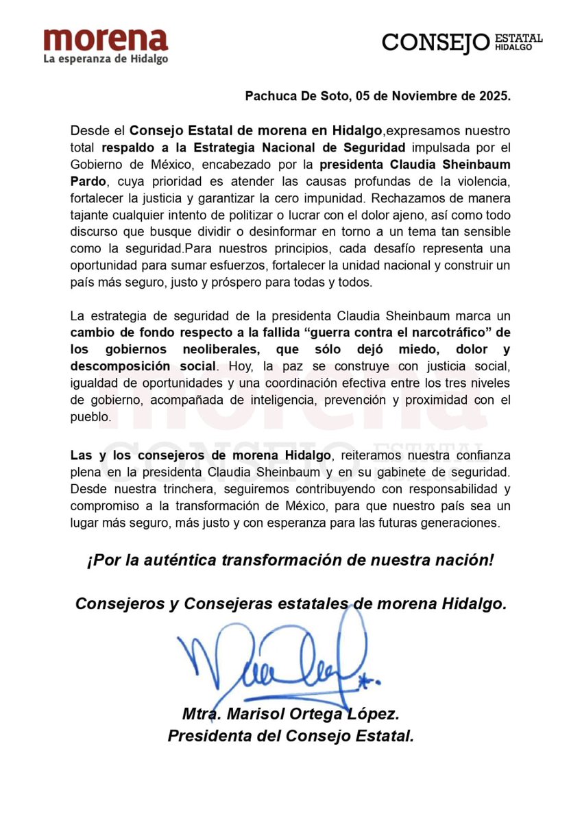 El Consejo Estatal de Morena Hidalgo expresa su respaldo total a la Estrategia Nacional de Seguridad encabezada por la presidenta <a href="/Claudiashein/">Claudia Sheinbaum Pardo</a>.

Reiteramos nuestro compromiso con la paz, la justicia y la transformación de México.