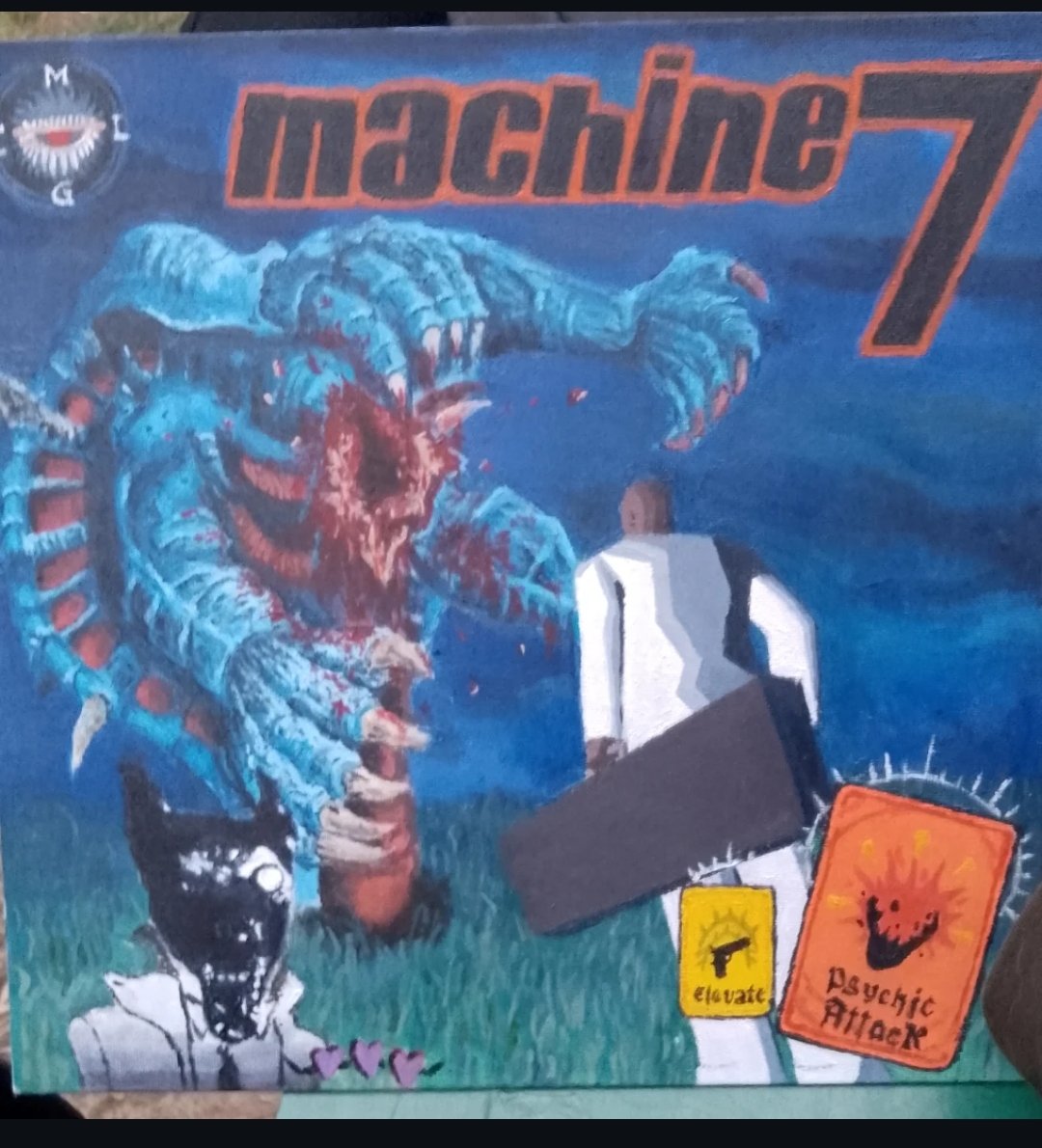 Machine Girl did a show here in Chile, I went full fanboy and did a painting that mixed ultimate Phalanx, Killer7, Neon White and that Street Fighter stage from alpha something and frisbee'd it to the stage . Great Show, here it is. I had fun painting it