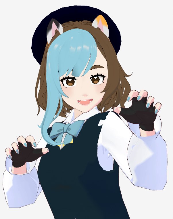 Still very much early WIP, but since I struggle with finding an art style I'm doing fan models in vroid instead 😅 This one is a super cute pusak, and the artist for my 2D! Please go follow and comm <a href="/haniartz/">Hani M. Artz ✨💙</a> she is lovely and deserves it 💜