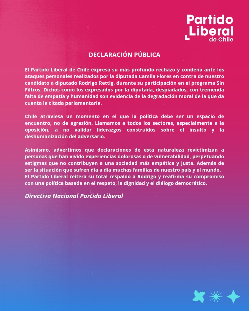 💬 El Partido Liberal condena los ataques personales de la diputada Camila Flores contra nuestro candidato Rodrigo Rettig. La política debe ser un espacio de respeto y diálogo, no de agresión ni deshumanización. Reafirmamos nuestro compromiso con una política empática y digna.