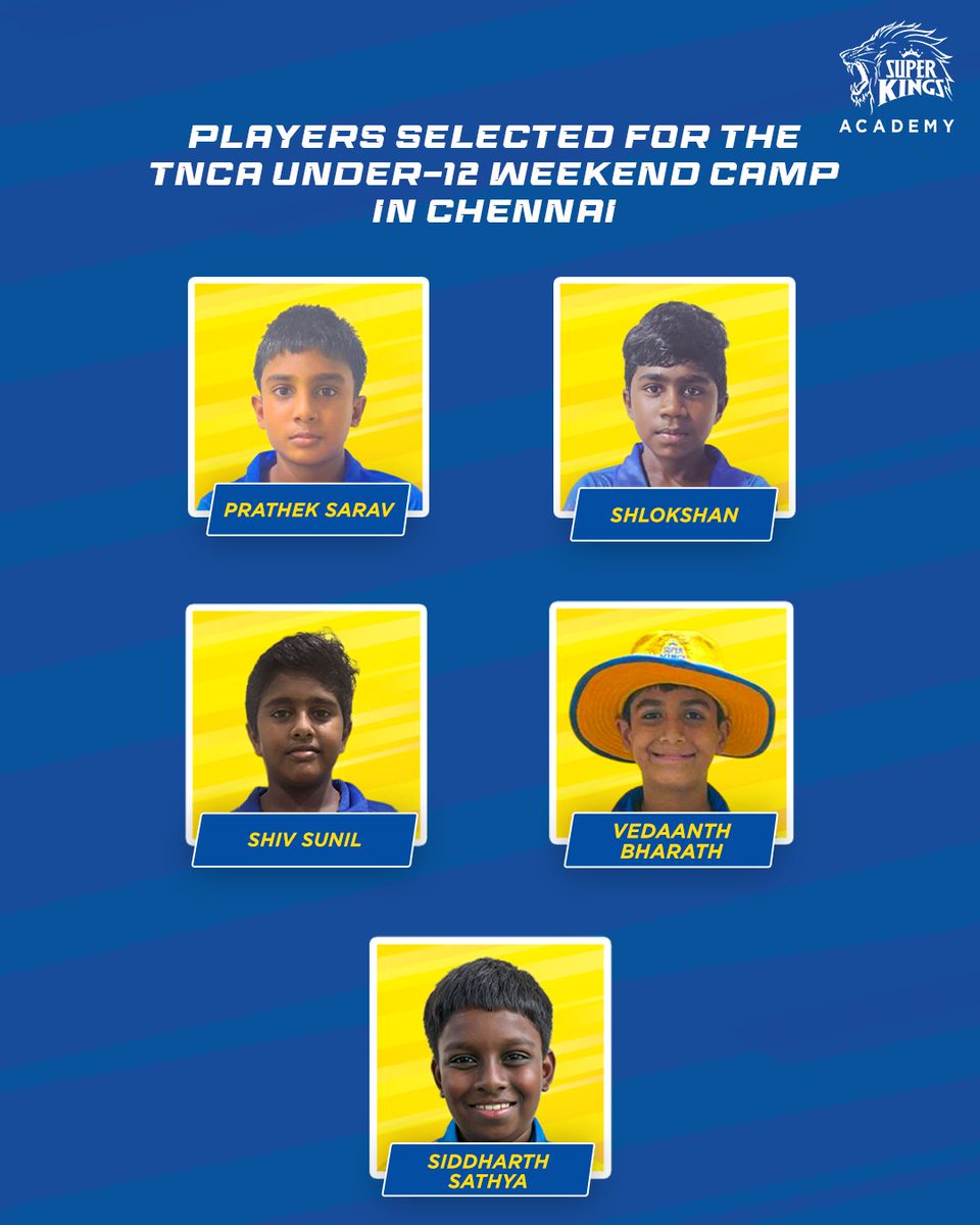 SuperKingsAcad's tweet photo. Five of our academy students have been selected to attend the TNCA Under-12 Weekend Camp in Chennai 💪
#SuperKingsAcademy 🏏
#TrainLikeASuperKing 🦁 #TNCA #TamilNadu #WeekendCamp
(SKA, Cricket, Sports, TNCA, TamilNadu) https://t.co/3c02EdqpCn