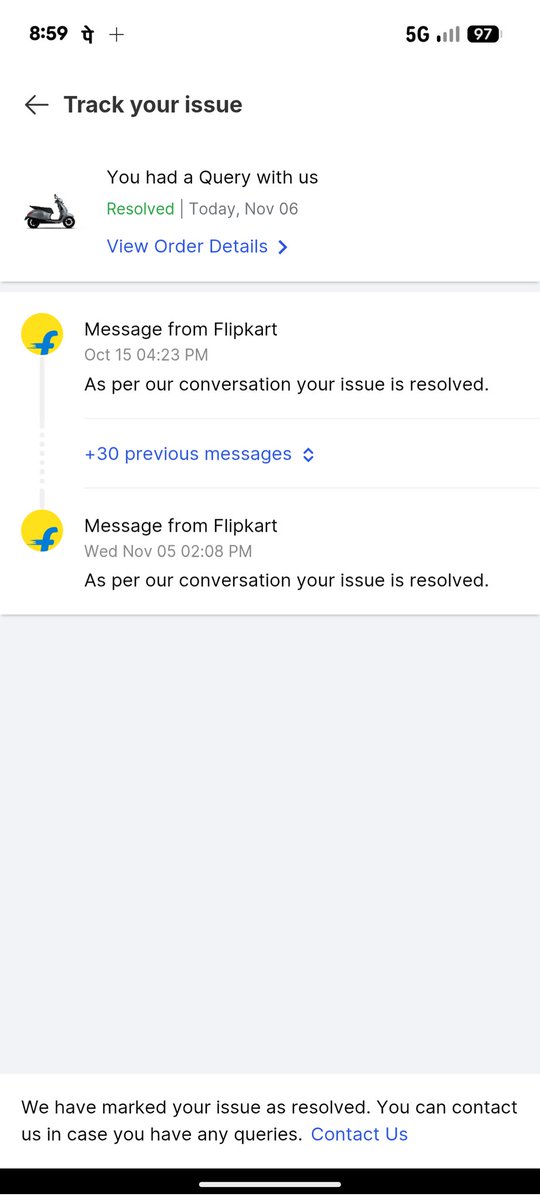 sajaysyadavs's tweet photo. Flipkart closed my complaint without resolving it.  
No update, no call—just a 24hr promise, then silence.  
Now a new ticket is opened. Is this KPI management or customer service?

Incident ID: IN25101516232684587055  
Order ID: OD335712348382758100 https://t.co/8csfLkWc05