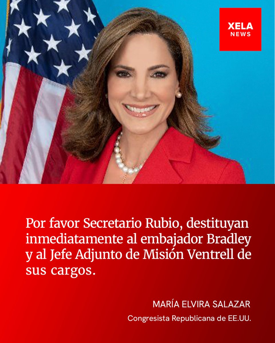 #ULTIMAHORA CONGRESISTA ESTADOUNIDENSE REPUBLICANA LE PIDE AL SECRETARIO MARCO RUBIO QUE DESTITUYA A LOS FUNCIONARIOS DE LA EMBAJADA DE EE.UU. EN GUATEMALA.
"Por favor <a href="/SecRubio/">Secretary Marco Rubio</a>, destituyan inmediatamente al embajador Bradley y al Jefe Adjunto de Misión Ventrell de sus cargos.