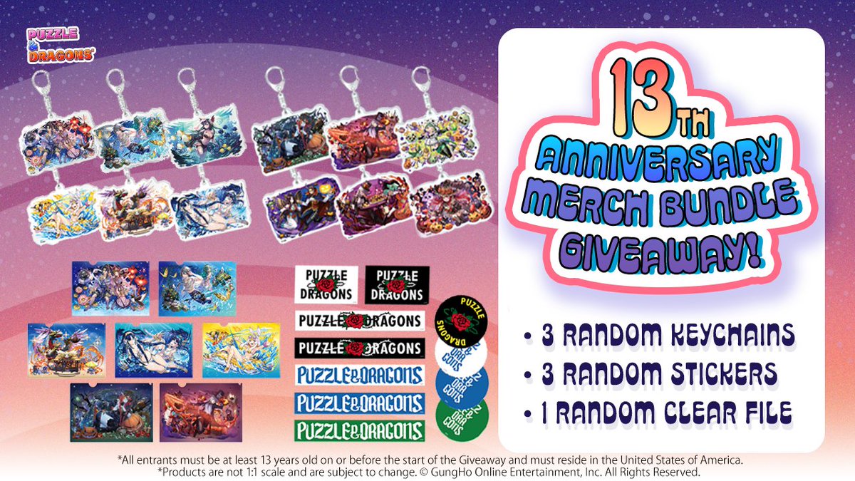 PuzzDragNA's tweet image. To celebrate Puzzle &amp;amp; Dragons’ 13th Anniversary since its release in North America, we’re giving away exclusive PAD Merch Bundles to 13 lucky fans! 🎉
See here for details on how to enter: loom.ly/rsmX248