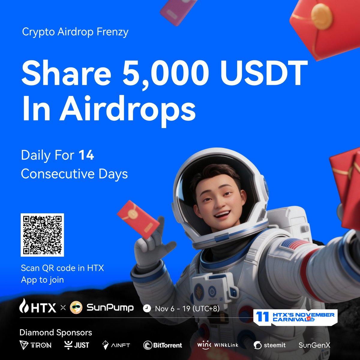 🪂HTX's November Carnival! 🪂
A downpour of Crypto Gifts!

Share 5,000 USDT airdrops daily for 14 consecutive days. Get random-amount rewards. Repost this post &amp; grab rewards with friends!

Thanks to our Diamond Sponsors: 
<a href="/trondao/">TRON DAO</a> | <a href="/sunpumpmeme/">ba cku p</a>｜<a href="/DeFi_JUST/">JUST DAO</a> | <a href="/OfficialAINFT/">AINFT</a> |