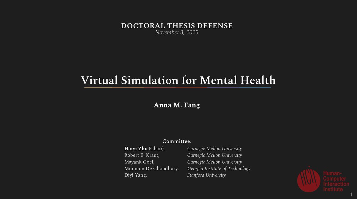 I defended my thesis, "Virtual Simulation for Mental Health" <a href="/cmuhcii/">CMU Human-Computer Interaction Institute</a> this week! 💐