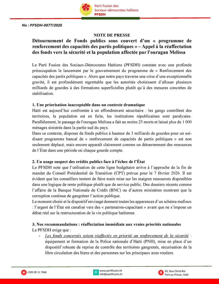 ⚠️ 3 milliards de gourdes 💰 pour un pseudo-programme de renforcement de capacités des partis politiques alors que des Haïtiens meurent de faim et d’insécurité !

Le #PFSDH exige la réaffectation immédiate de ces fonds vers la sécurité nationale et les victimes de l’ouragan