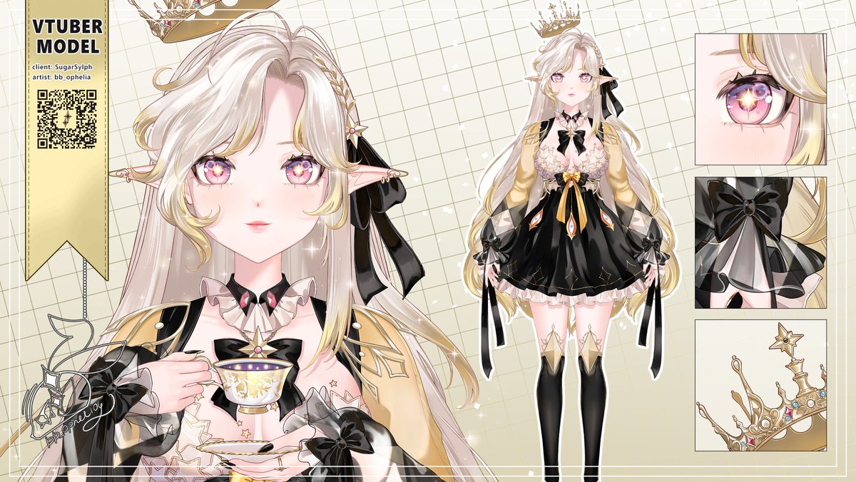 Your Golden Queen has arrived, starlights! Won't you share you dreams with me over a fresh pot of tea? 👑👁️✨

I'm so happy to finally share the wonderful model my mama worked so hard on! (ﾉ◕ヮ◕)ﾉ*:･ﾟ✧

Design by @/asinile! 

#SylphSketch #ENVtuber #VTuberUprising
