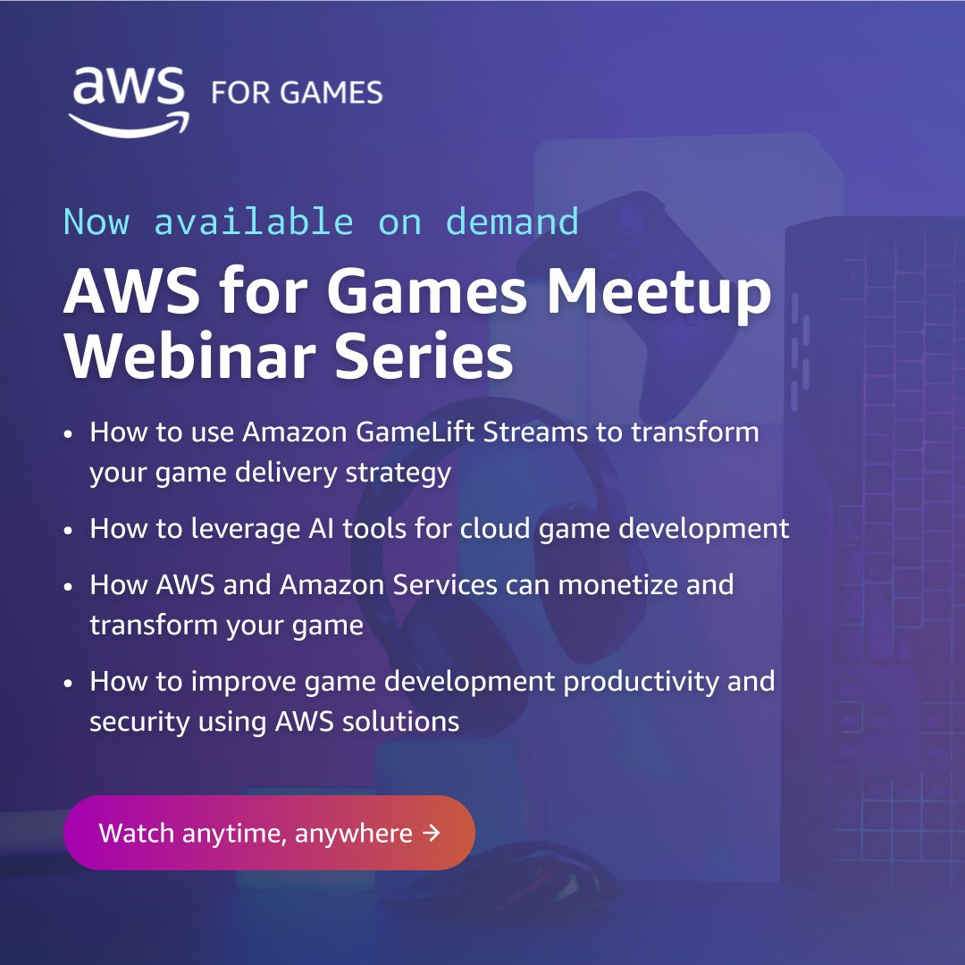 AWSGameTech's tweet image. 🎮 The AWS for Games Meetup Webinar Series is now available on demand: go.aws/4i4wGFr.

Dive into four interactive expert sessions covering Amazon GameLift Streams, AI tools, monetization strategies, &amp;amp; dev productivity. Perfect for game studios looking to harness the…