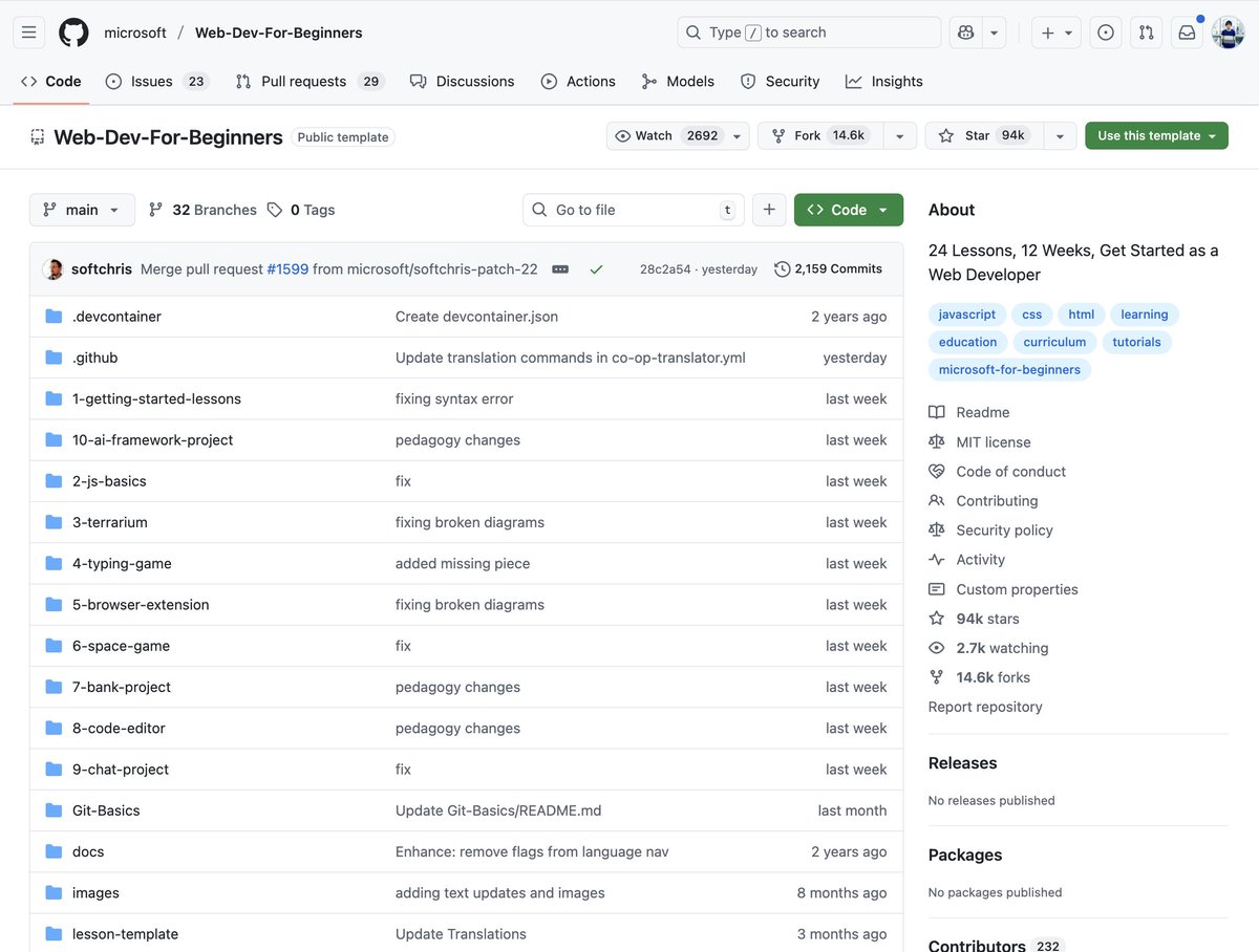 shiba_program's tweet image. Web開発始めたい人、まずこれだけは絶対やって

Microsoft公式がGitubに完全無料で公開している講座がすごすぎ

HTML/CSS/JSの基礎からAIアシスタントの構築などトレンドな内容も入ってる

内容も日本語訳されてるし、イラストや図解などが豊富でわかりやすすぎる