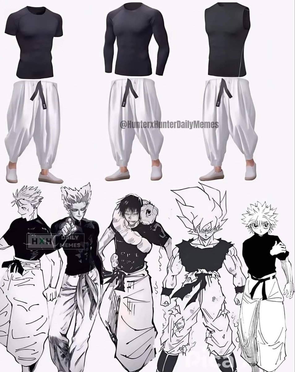 Goku nunca usou essa roupa, mto menos Garou. Ela é uma clara referência do Gege ao Hunter x Hunter (Killua), do qual ele é fã e se inspira

Inclusive o Gojo usa ela na luta contra o Sukuna, pra homenagear o único cara q quase o derrotou. As poses dele e do Toji são mto parecidas