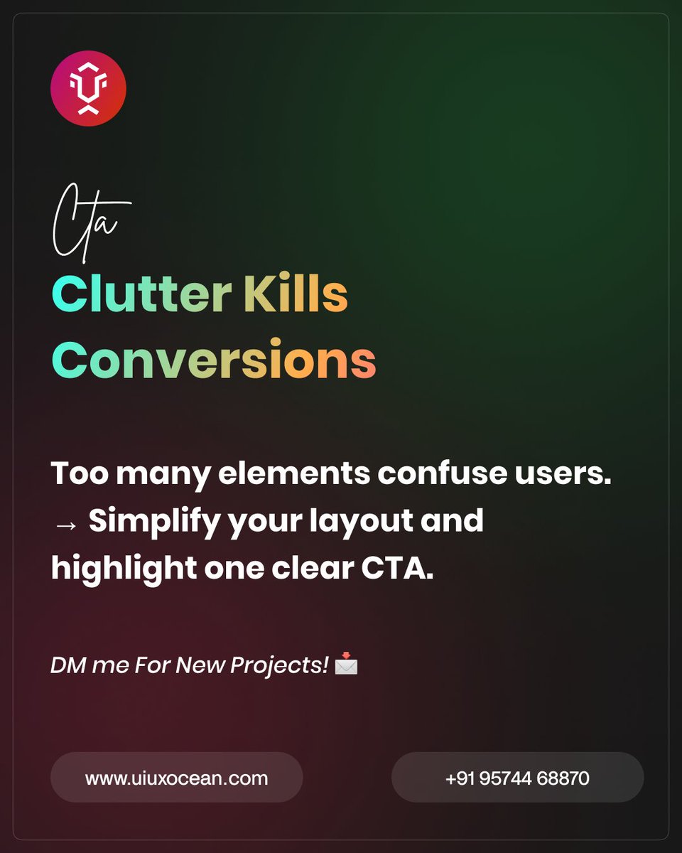 rajesh_uiux's tweet image. Clutter Kills Conversions

Too many elements confuse users. → Simplify your layout and highlight one clear CTA.