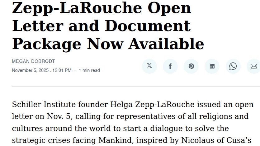 eir.news/2025/11/news/z…
Schiller Institute founder Helga Zepp-LaRouche issued an open letter on Nov. 5, calling for representatives of all religions and cultures around the world to start a dialogue to solve the strategic crises facing Mankind, inspired by Nicolaus of Cusa’s
