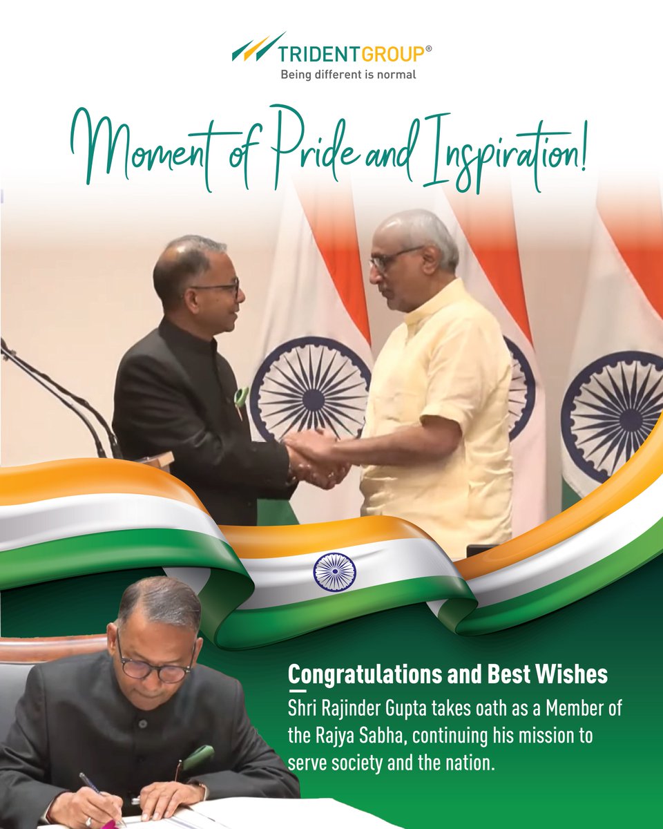 A proud moment for Trident!
Our Chairman, Padma Shri <a href="/Rajinder_Gupta/">RAJINDER GUPTA</a>, takes oath as a Rajya Sabha Member, adding another milestone to his inspiring journey of leadership and service to the nation. Congratulations! 🎉

#TridentGroup #Leadership #RajyaSabha #NationFirst