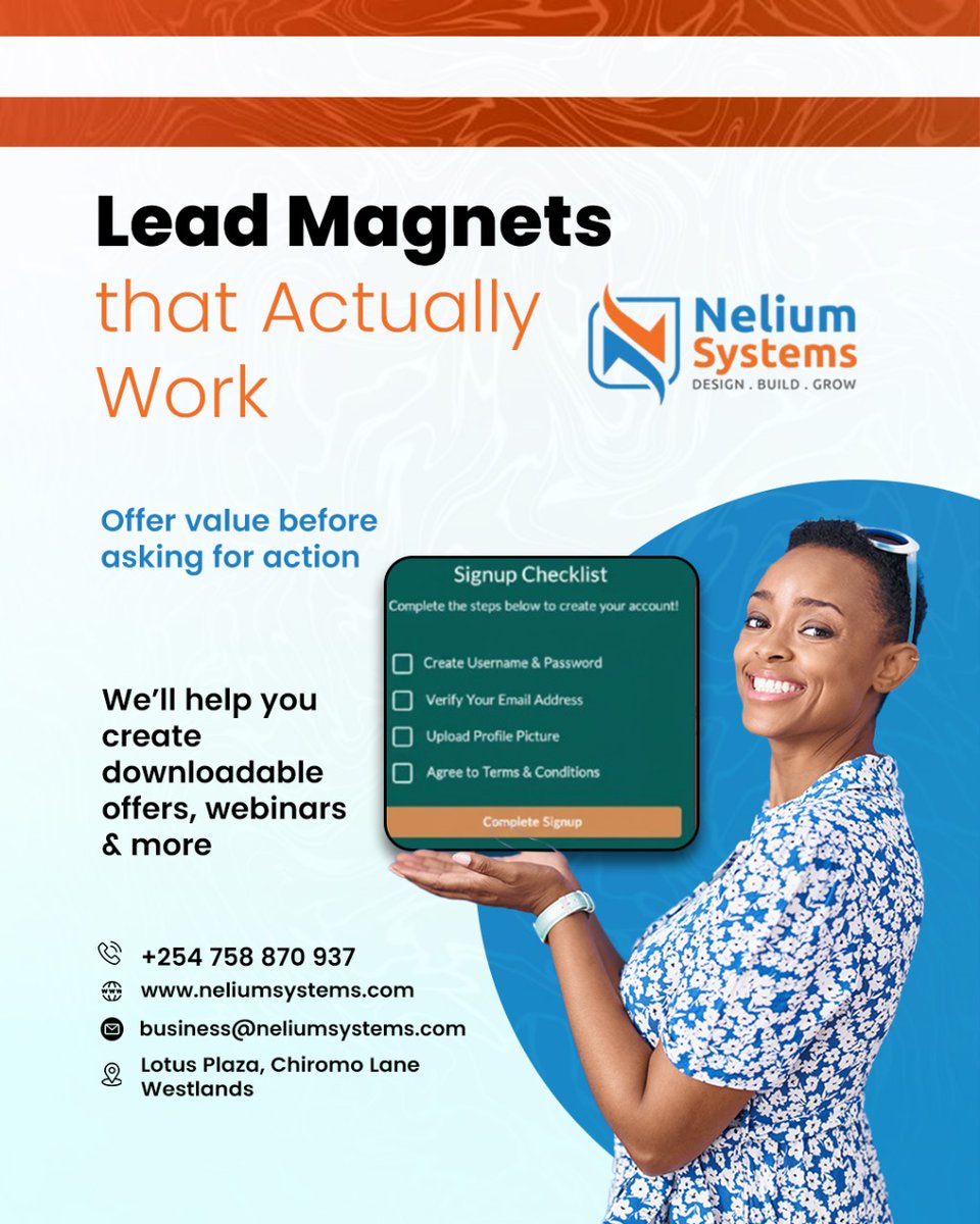 Nelium_Systems's tweet image. Create lead magnets that convert. Nelium Systems designs downloadable offers, guides, and webinars for effective lead generation.
Contact: +254 758 870 937 | business@neliumsystems.com | neliumsystems.com | Lotus Plaza, Chiromo Lane, Westlands. 
#ThePlanIsWorking #AIBKAt55