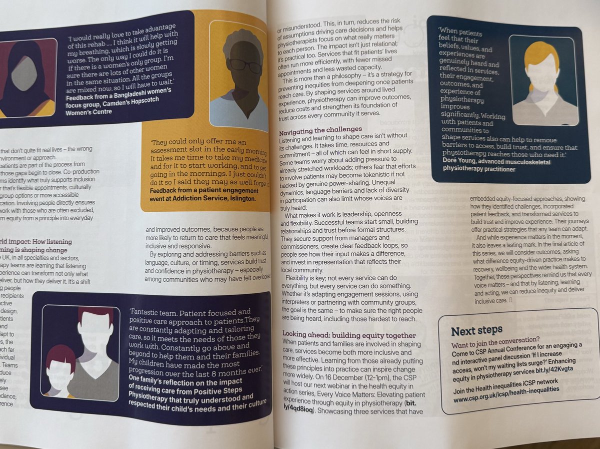 DoreMaeYoung's tweet photo. Delighted to be quoted in this month’s Frontline magazine feature on shaping equitable care.

Looking forward to contributing to this important topic at the upcoming @thecsp webinar Every Voice Matters: Elevating Patient Experience through Equity in Physio. 📆 Dec 16th at 12pm. https://t.co/W8O2yvnoDL
