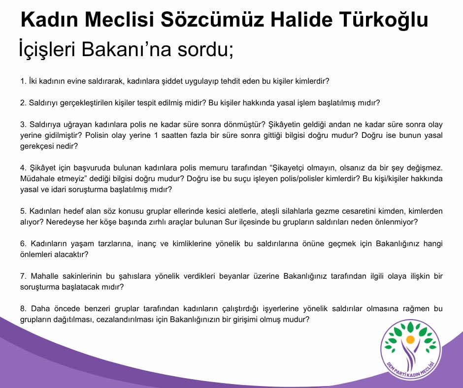 Kadın Meclisi Sözcümüz Halide Türkoğlu, Amed’in Sur ilçesinde kadınların yaşadığı evlere ve yaşamlarına yönelik kimliği belirsiz kişilerce gerçekleştirilen saldırıları soru önergesiyle Meclis gündemine taşıdı.

facebook.com/share/p/1Crc69…