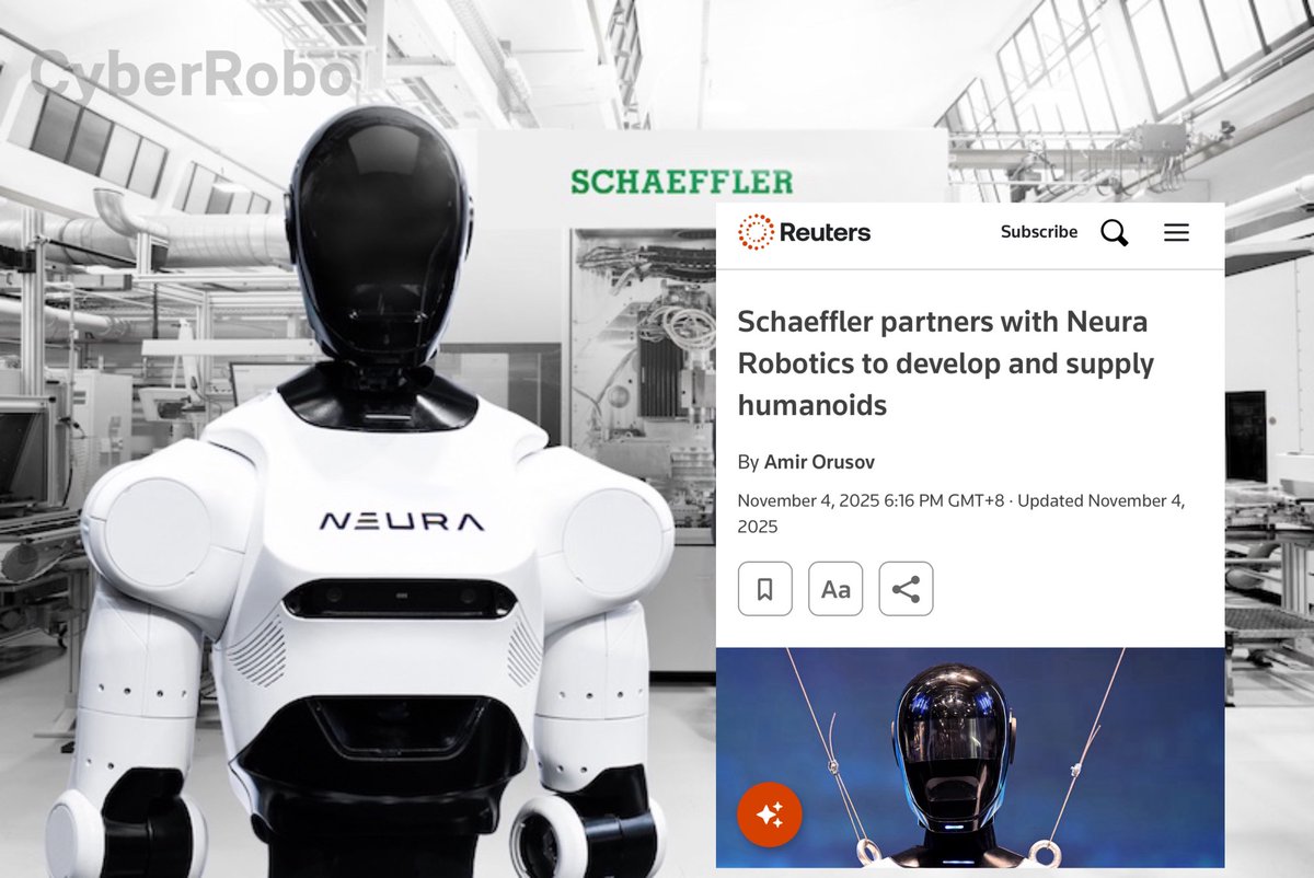 CyberRobooo's tweet image. Germany&apos;s Neura Robotics is accelerating.

Schaeffler has partnered with Neura Robotics to jointly develop and supply &quot;key components&quot; for humanoid robots. Schaeffler states that by 2035, several thousand humanoid robots will be integrated into its production lines, including…