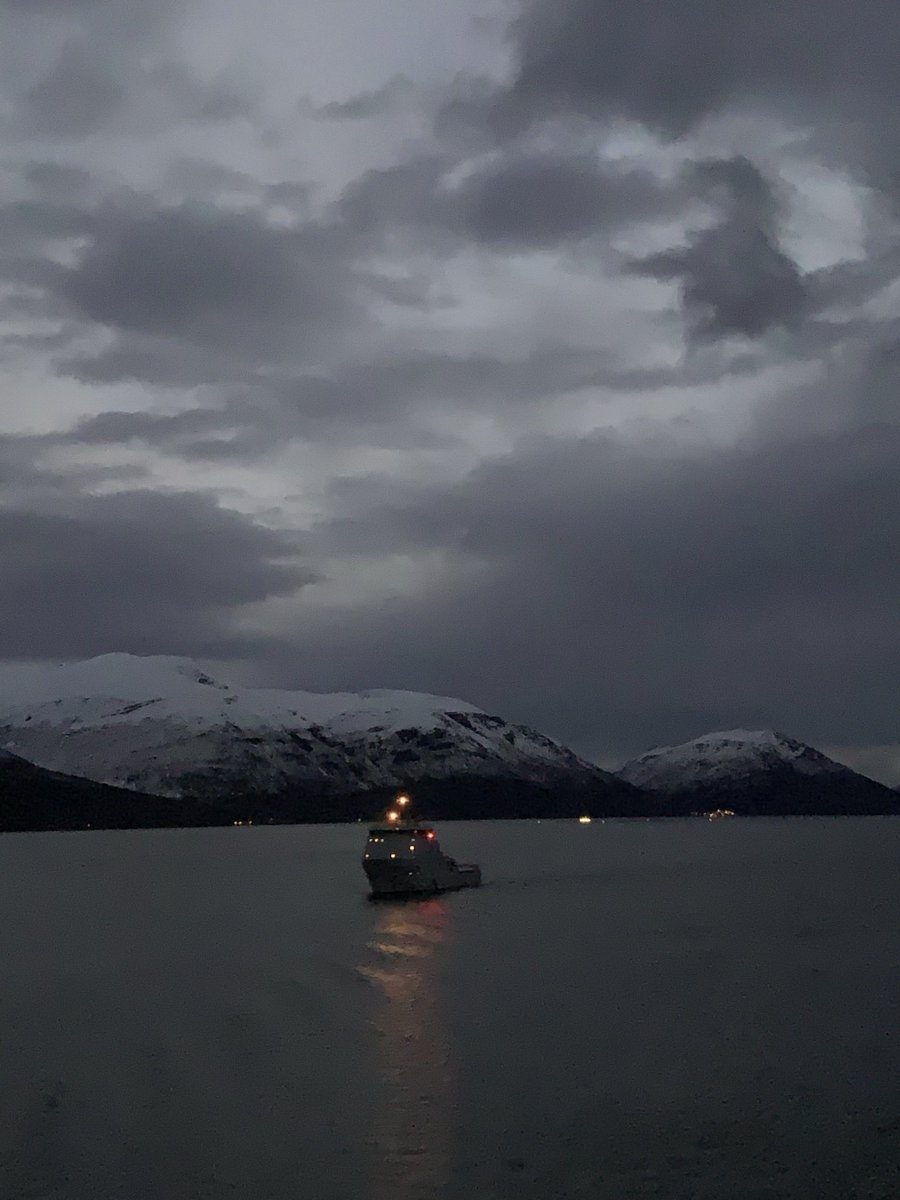 BestPaulSays's tweet photo. This is my favourite shot from my phone in the early hours, in a fjord in Norway 🇳🇴 

Because it’s extremely hard to get a shot in focus on a ship moving up down and sideways as well as forwards. #EarlyHours 😳#Norway https://t.co/ARIshaVBcm