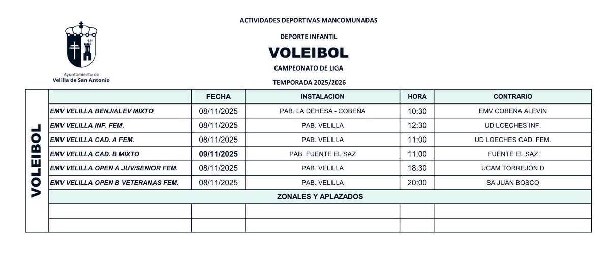 VoleibolVelilla's tweet photo. Ya están de vuelta los equipos de la Escuela Municipal de Voleibol de Velilla, os dejamos los primeros partidos de la temporada. Mucha suerte a todos los equipos. https://t.co/eq0grYq98d