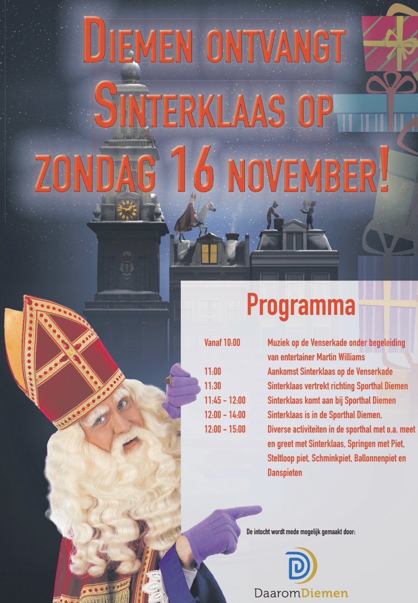 Diemen ontvangt Sinterklaas op zondag 16 november!