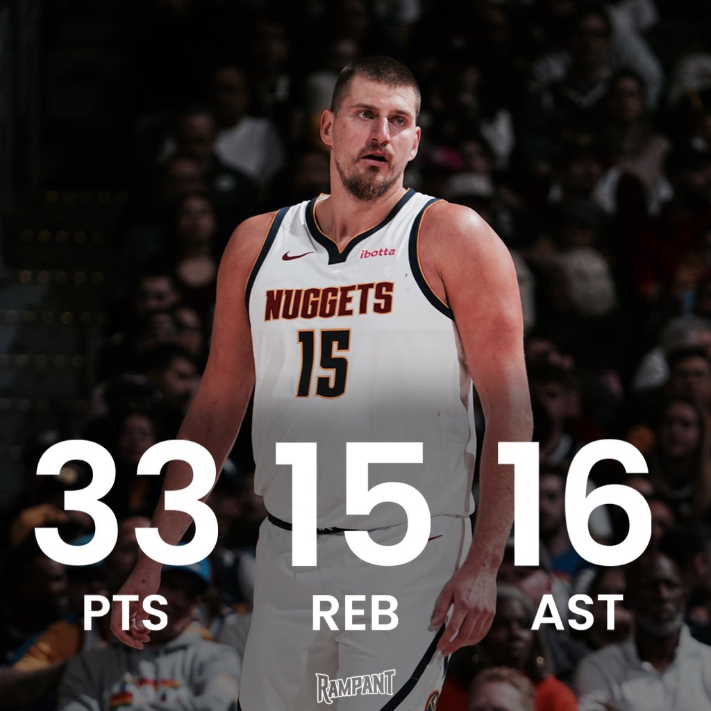 💪 Nikola Jokić vs Miami Heat:

33 Points
15 Rebounds 
16 Assists
3 Steals

Average game for him. #MileHighBasketball