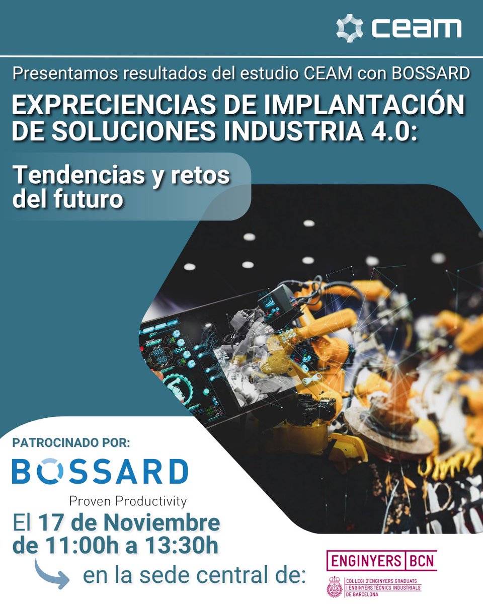 Experiencias reales de implantación de Industria 4.0 y tendencias.
17 de nov de 11 A 13 h. Lugar: Enginyers BCN.
Inscripción online: zurl.co/oZoPK
 #Industria40 #TransformaciónDigital #CEAM #Bossard