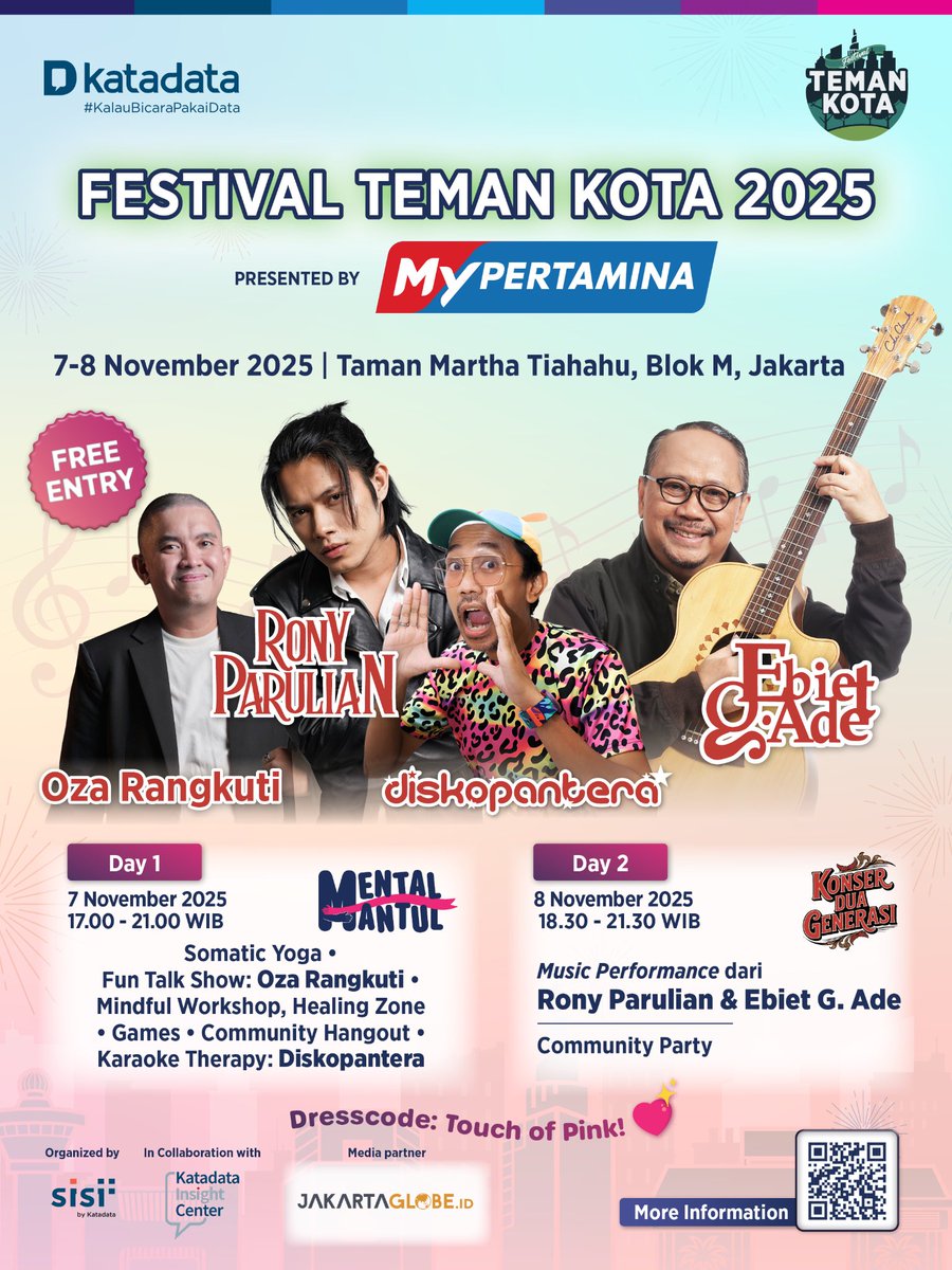 thejakartaglobe's tweet image. Jakarta! Need some #FunVibes &amp;amp; soul rest? 

Katadata&apos;s Festival Teman Kota 2025 is FREE! 🗓️ Nov 7-8 | 📍 Taman Martha Tiahahu, Blok M, Jakarta.

Day 1: Yoga, Workshops, Talks with Oza Rangkuti &amp;amp; Karaoke Therapy with Diskopantera.