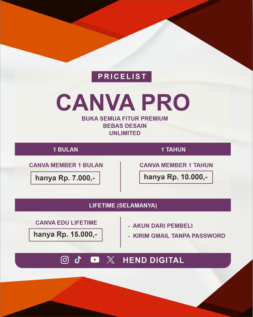 mbah_hend's tweet photo. ✨ Desain tanpa batas, hasil profesional!
Upgrade ke Canva Pro dan nikmati fitur premium:
✅ Tanpa watermark
✅ Ribuan template eksklusif
✅ Akses elemen &amp; font premium
💼 Cocok untuk konten kreator, UMKM, dan desainer!

💬 Yuk upgrade sekarang — harga hemat, fitur maksimal! https://t.co/MzY7gY1H7u