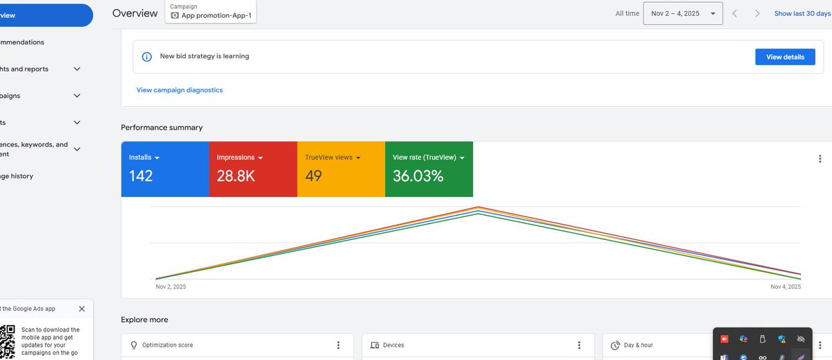 seofazamil's tweet photo. 🚀 Just launched an app promotion campaign on Google Ads!
✅ 142 Installs
✅ 28.8K Impressions
✅ 36.03% View Rate
Results speak when strategy meets execution 💪
#DigitalMarketing #GoogleAds #AppPromotion #PPC #GrowthMarketing https://t.co/YNBi2s5ESJ