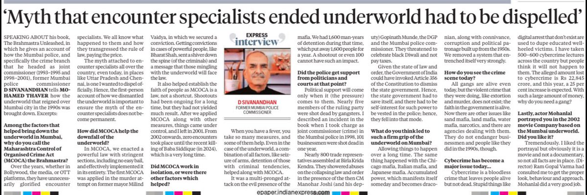Former Mumbai Police Commissioner D Sivanandhan credited for taking down Mumbai underworld says it’s a myth that encounter specialists brought down the Mumbai Mafia in his first account in new book The Brahmastra Unleashed
Story: indianexpress.com/article/cities…