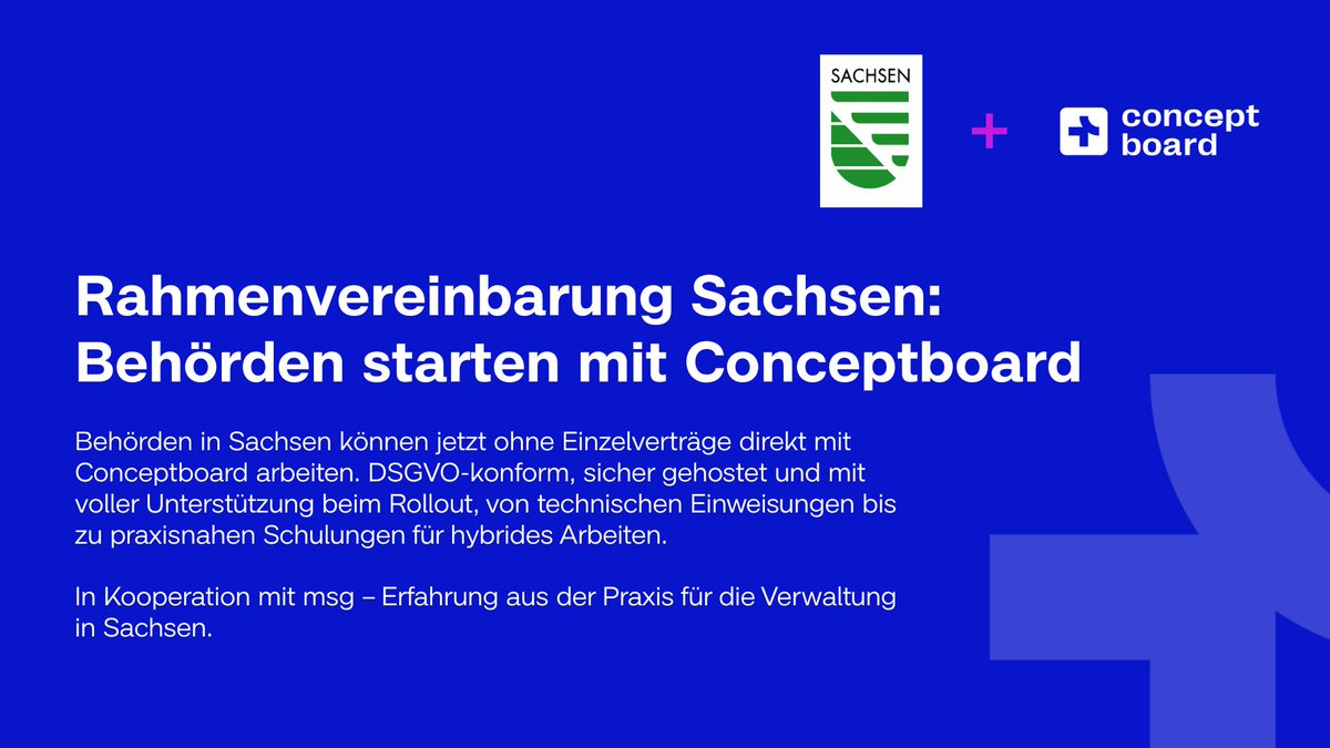 ConceptboardApp's tweet image. Behörden in Sachsen können ab sofort einfach &amp;amp; sicher mit Conceptboard arbeiten, dank einer landesweiten Rahmenvereinbarung, die moderne Zusammenarbeit in der Verwaltung erleichtert. 🏛️ Mit dabei unser Partner msg dessen Erfahrung direkt in Schulungen &amp;amp; Implementierung einfließt.